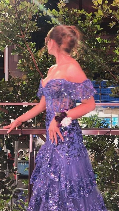 Charming Off The Shoulder Blue Tulle Sequin Layered Mermaid Long Wedding Guest Dress Formal Birthday Evening Gown SP1098