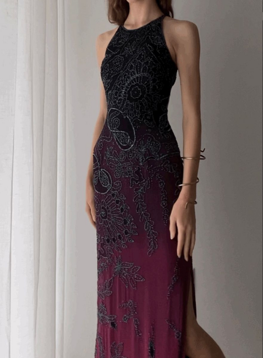 Vintage Ombre Purple Halter Chiffon Beaded Slit Mermaid Prom Gown Backless Long Party Dress SP806