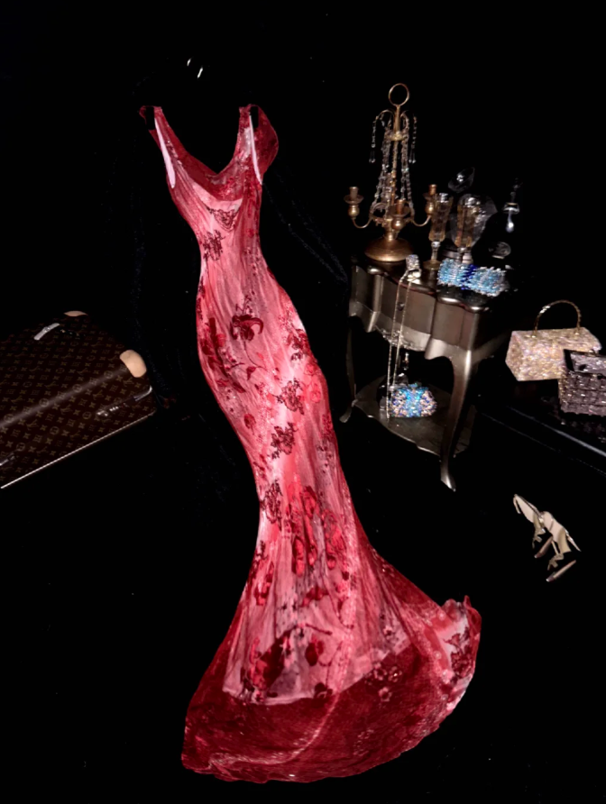 Glamorous Red Chiffon Print Floral Beaded Mermaid Prom Gown Birthday Party Dress SP755