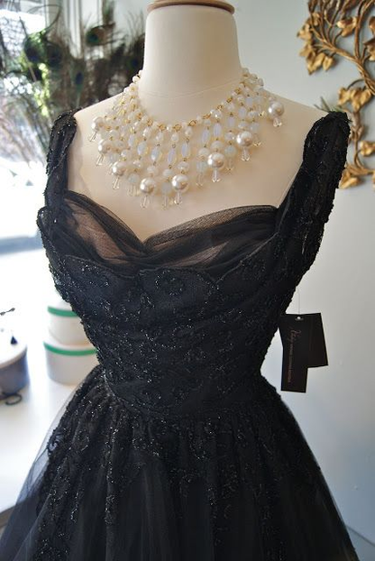 Stunning Black Vintage Midi-length Prom Dress,A-line  Black Party Dress Y4750