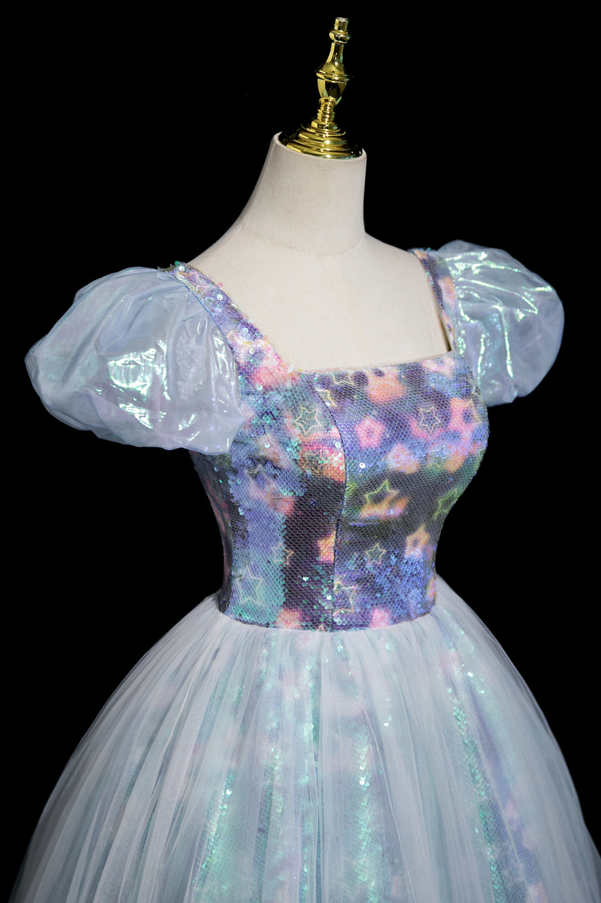 Classy Square Neck Blue Sequin Floral Tulle A Line Formal Homecoming Dress Birthday Outfits Y9886