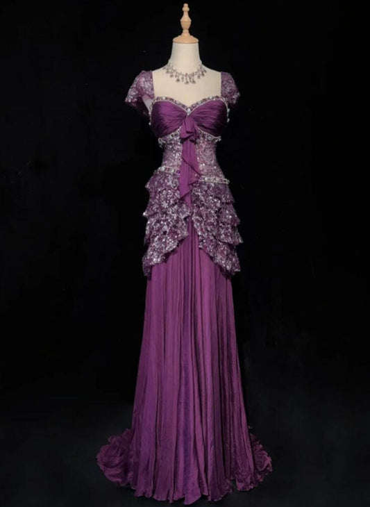 Vintage Purple Satin Sequin Beaded Mermaid Long Birthday Outfits Evening Gown SP1152