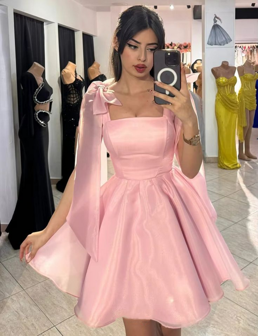 Sweet Square Neck Pink Satin Tulle A Line Short Graduation Homecoming Dress Birthday Outfits SP2310