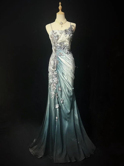 Gorgeous Mermaid Spaghetti Straps Chiffon Lace Appliques Long Prom Dress Evening Dress Y8769
