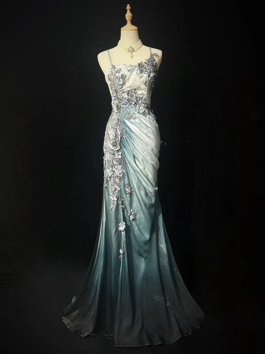 Gorgeous Mermaid Spaghetti Straps Chiffon Lace Appliques Long Prom Dress Evening Dress Y8769