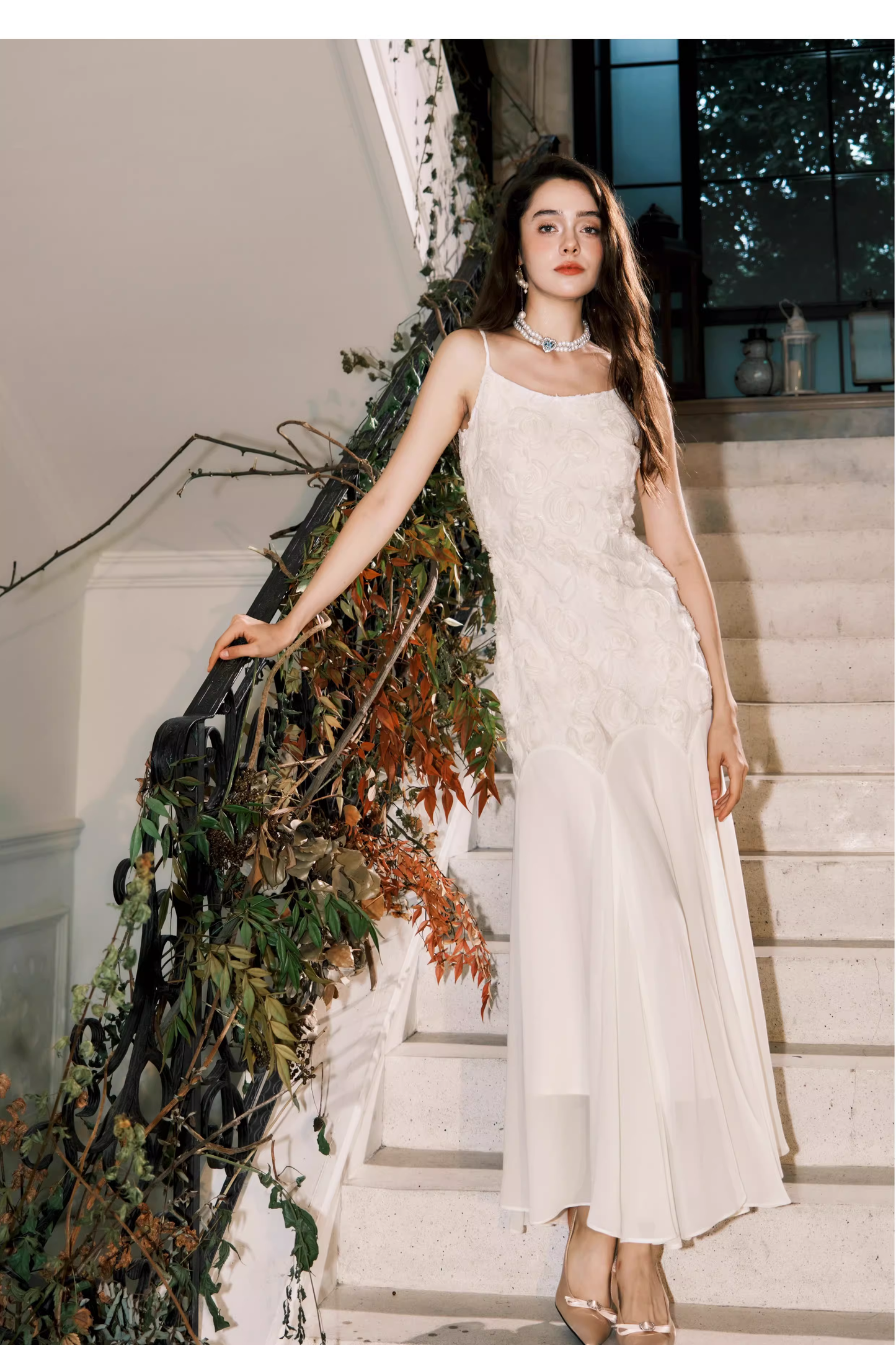 Fairy Spaghetti Straps 3D Rose Flowers Chiffon Mermaid Prom Dress White Birthday Party Dress SP1981