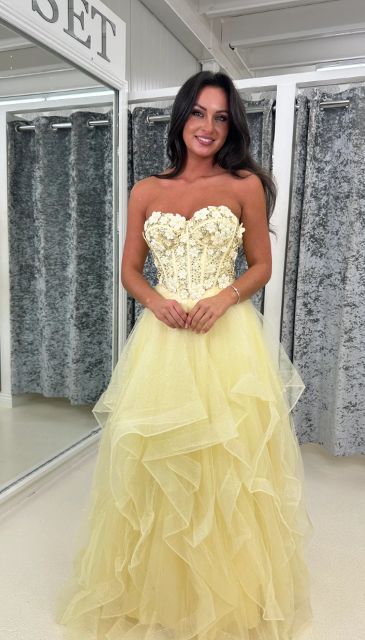 Cute Spaghetti Straps Yellow Tulle Beaded Lace Appliques Formal Prom Dress Party Dress SP642