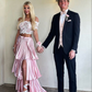 Pink Two Piece Prom Dress With Split,Pink Pleated Dress Y6850