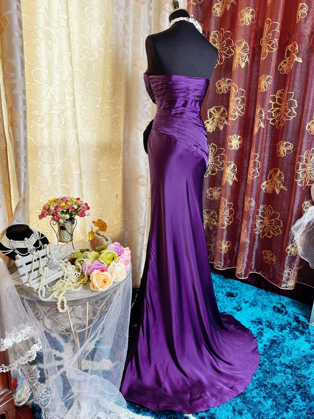 Sexy Spaghetti Straps Satin Pleated Slit Long Prom Dress Purple Mermaid Evening Gown SP2384