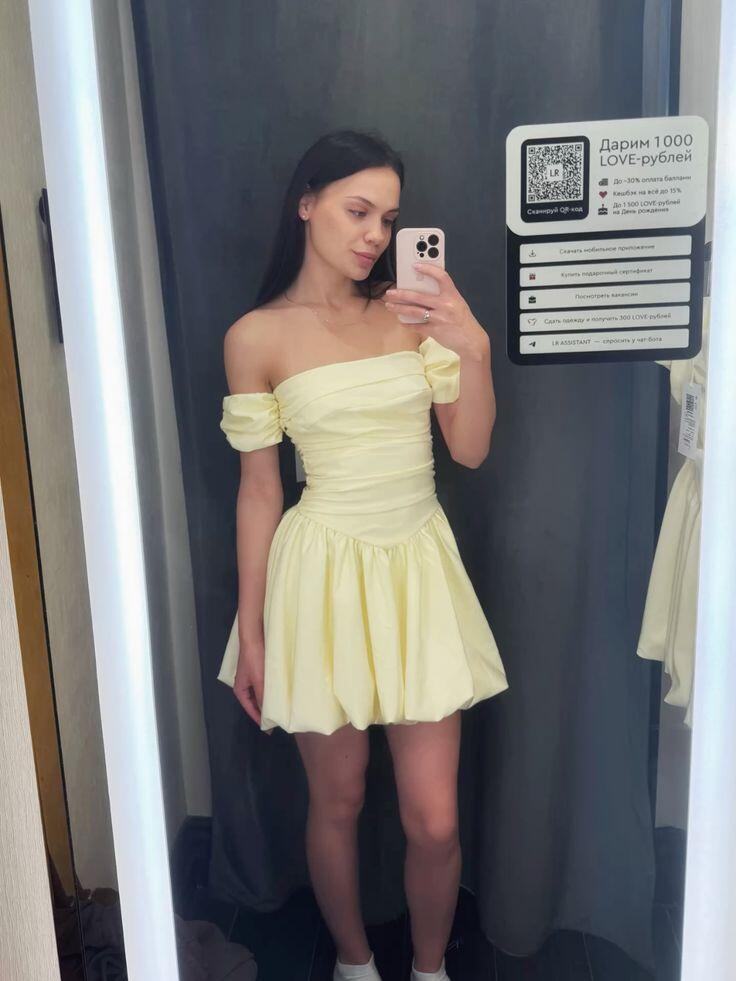 Cute Off The Shoulder Yellow Satin A Line Short Homecoming Dress Birthday Dress SP3963
