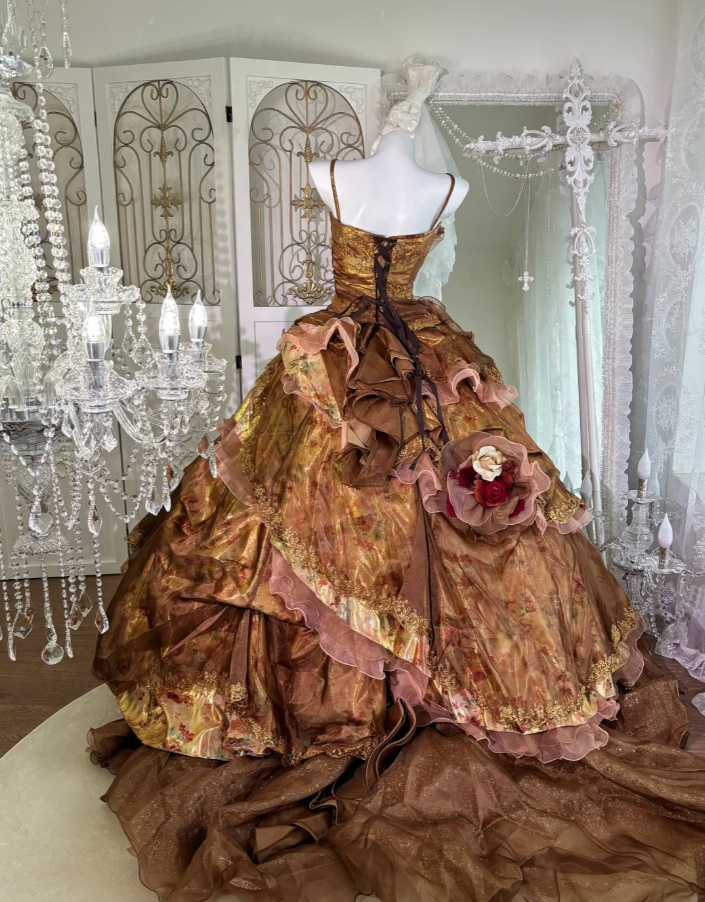 Vintage Caramel Brown Ball Gown Spaghetti Straps Satin Tulle Pleated Layered Long Birthday Quinceanera Dress SP1461