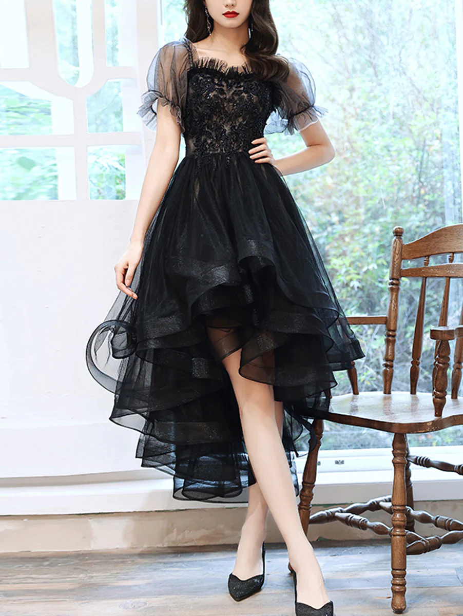 Black Sweetheart Tulle Lace High Low Prom Dress, Black Homecoming Dress Y5689