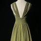 Vintage Olive Green Olive Green V Neck Chiffon Pleated Long Evening Dress Birthday Dress SP1958