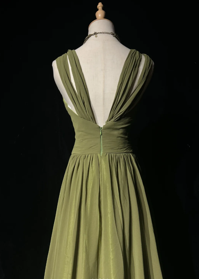 Vintage Olive Green Olive Green V Neck Chiffon Pleated Long Evening Dress Birthday Dress SP1958