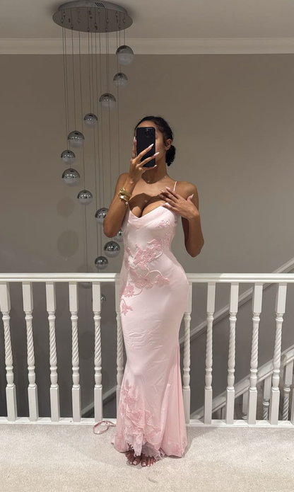 Classy Spaghetti Straps Pink V Neck Satin Mermaid Long Party Dress Birthday Prom Gowns SP2315
