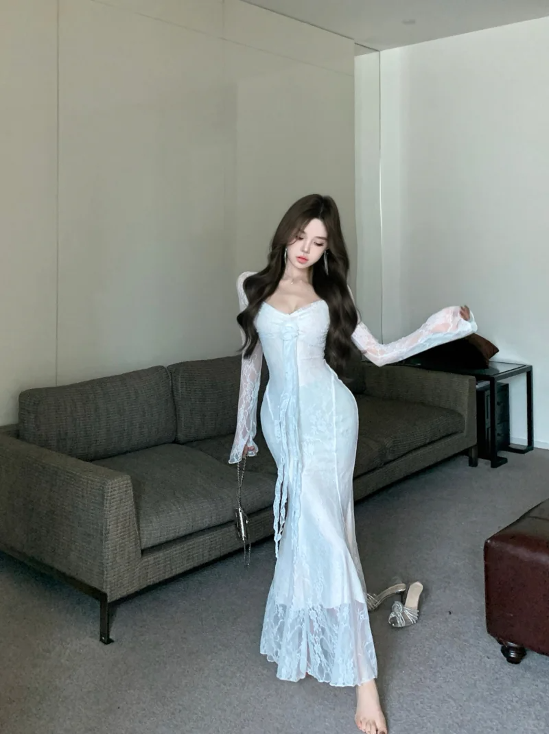 Glamorous White Lace Mermaid Long Prom Dress Birthday Evening Gown SP2296