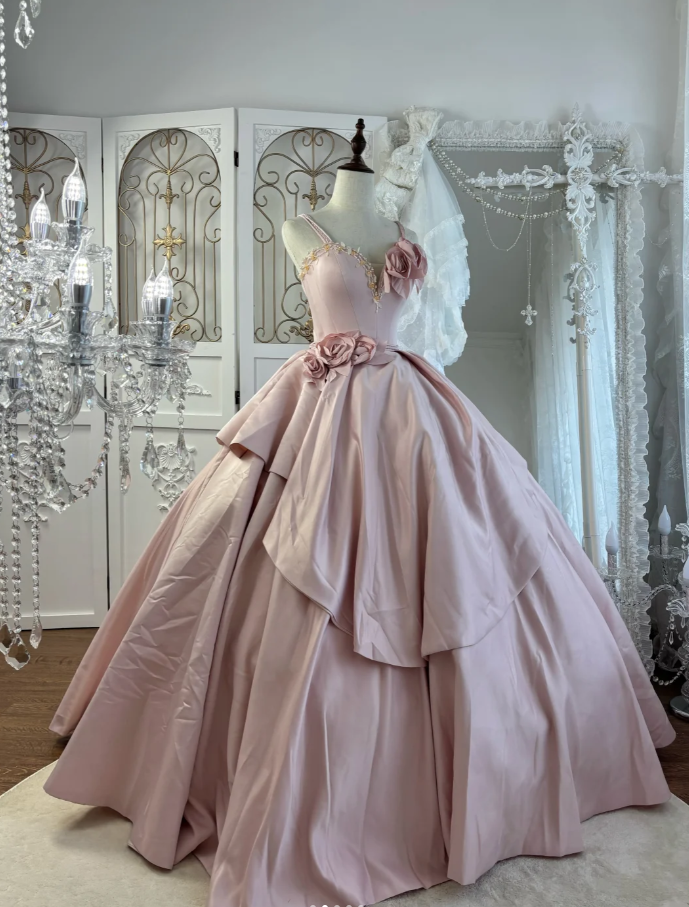 Princess Spaghetti Straps Satin Beaded Ball Gown Pink Sweet 16 Quinceanera Dress With 3D Flowers SP1777