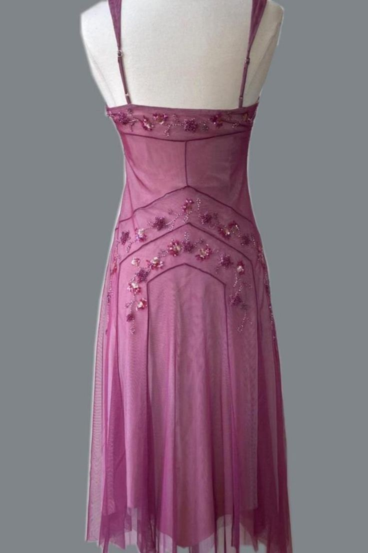 Pretty Spaghetti Straps Pink Tulle Beaded Mid-Length A Line Birthday Prom Dress Evening Gowns SP2105