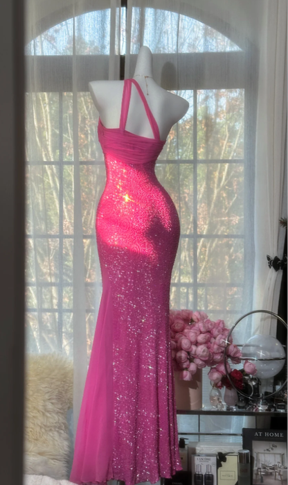 Sparkly One Shoulder Sequin Chiffon Mermaid Evening Dress Hot Pink Long Birthday Dress SP1668