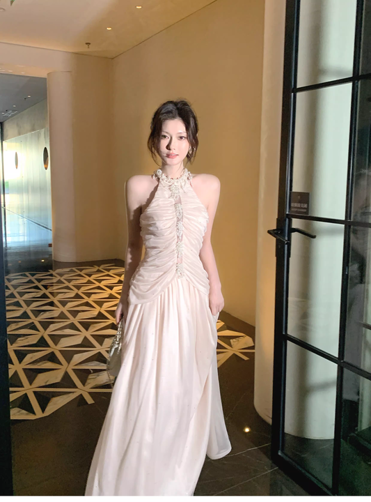 Elegant Pink Halter Tulle Sequin Beaded Mermaid Long Birthday Party Dress Formal Wedding Guest Dress SP1503