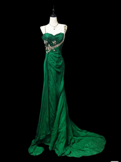 Chic Green Spaghetti Straps Satin Beaded Pleated Mermaid Long Prom Gown Evening Dress SP438