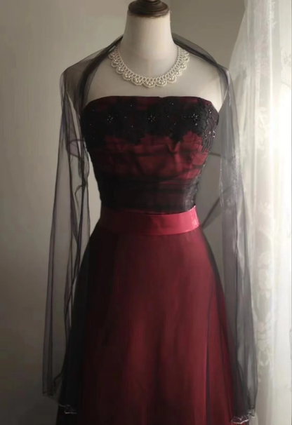 Vintage Strapless Burgundy Satin Lace Beaded Long Evening Dress Birthday Prom Dresses SP1234