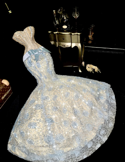 Gorgeous Blue Strapless Tulle Beaded Mermaid Evening Dress Birthday Prom Dress SP780