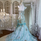 Charming Spaghetti Straps Tulle Rose Floral Mermaid Prom Dress, Blue Appliques Beaded Long Birthday Party Dress SP1464