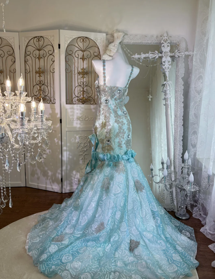 Charming Spaghetti Straps Tulle Rose Floral Mermaid Prom Dress, Blue Appliques Beaded Long Birthday Party Dress SP1464