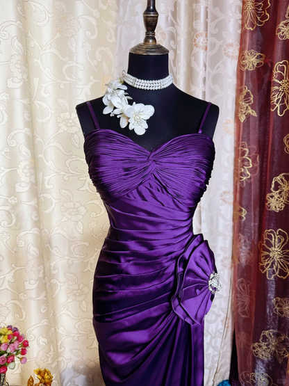 Sexy Spaghetti Straps Satin Pleated Slit Long Prom Dress Purple Mermaid Evening Gown SP2384