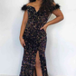 Off-the-Shoulder Glitter Sequins Long Party Dress with Feather Y4414