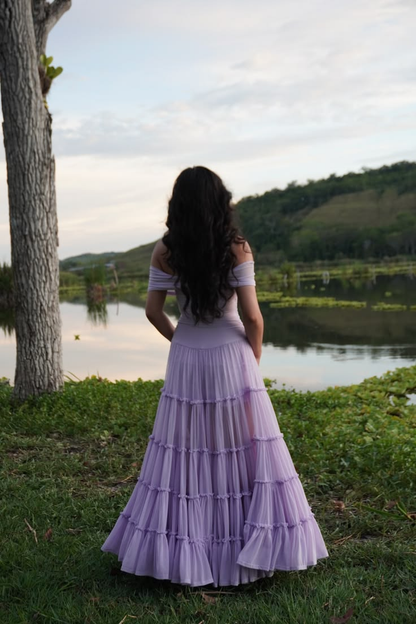 Classy Off the Shoulder Chiffon Tiered Prom Gown Lavender Long Evening Dresses SP2103