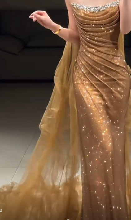 Glitter Gold Strapless Sequin Beaded Mermaid Long Party Dress Birthday Prom Dress SP1750