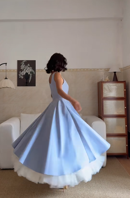 Classy Blue Satin Tulle A Line Long Party Dress Birthday Prom Dresses SP2072