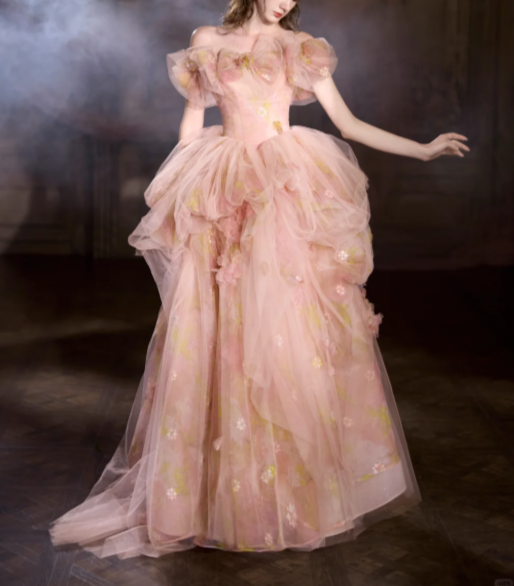 Pretty Pink Floral Tulle Long Birthday Prom Dress Strapless Party Gowns SP2096