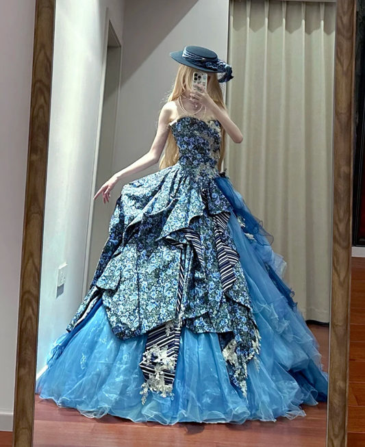 Elegant Strapless Ball Gown Blue Satin Print Floral Organza Quinceanera Dress Sweet 16 Dress SP1188