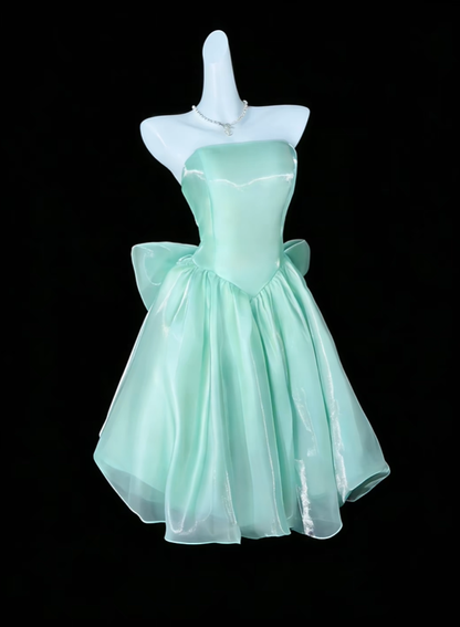 Cute Mint Green Strapless Satin Tulle A Line Short 7th Grade Homecoming Dress Birthday Dress With Bow SP3497