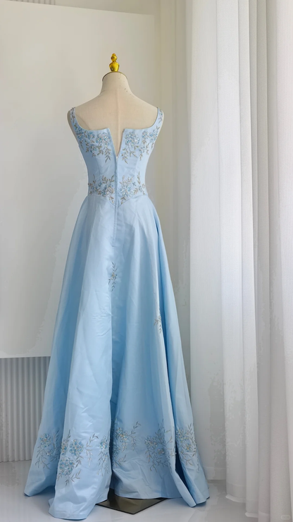 Classy Sleeveless Blue Satin Beaded Embroidery Floral A Line Long Prom Dress Party Gown SP2326