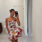 Beautiful Strapless Satin Print Floral A Line Short Graduation Homecoming Dress 20th Birthday Outfits SP52