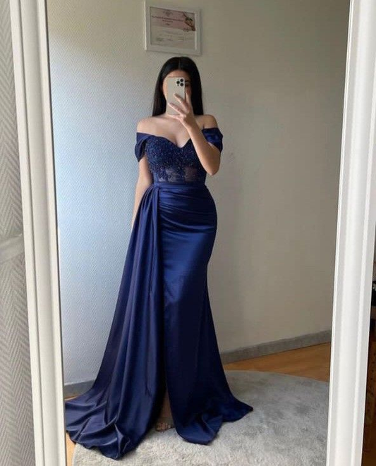 Mermaid Appliques Sheer Corset Satin Slit Prom Dress Y5729