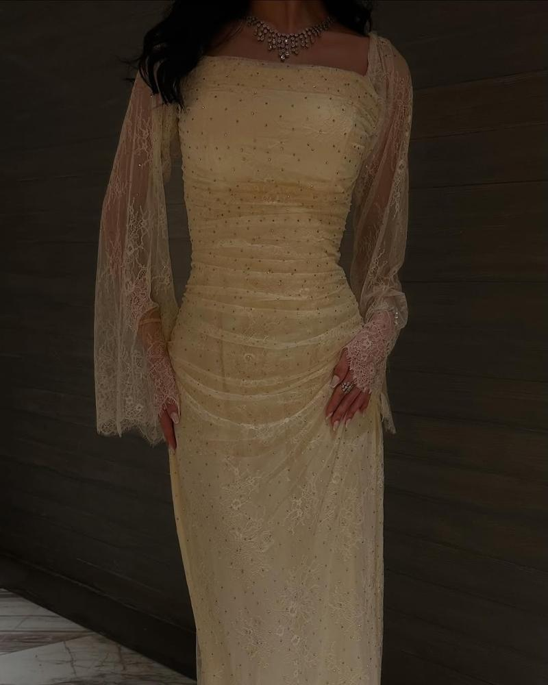 Classy Yellow Square Neck Lace Beaded Long Evening Dress Birthday Outfits SP839