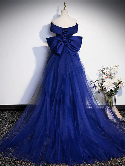 Royal Blue Mermaid Satin Long Prom Dress, Off Shoulder Blue Evening Dress Y7429