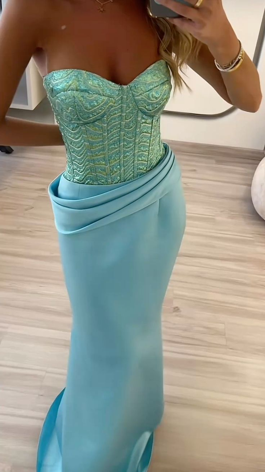 Unique Strapless Satin Pleated Mermaid Long Party Dress Prom Gown SP544