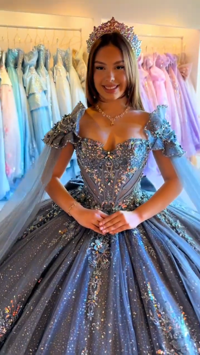 Elegant Sweetheart Neck Tulle Sequin Beaded Sweet 16 Dress Navy Blue Quinceanera Dress SP4297