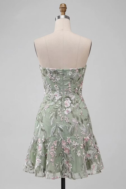 Elegant Green Tulle Embroidered Floral Mini Prom Dress Strapless Short Graduation Homecoming Dress SP3852