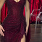 Shiny Burgundy Off The Shoulder Sequin Slit Mermaid Party Dress Long Wedding Guest Dress SP1340