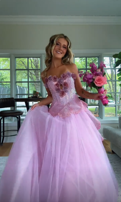 Glamorous Sweetheart Neck Tulle Sequin 3D Floral Long Party Dress,Pink Long Birthday Prom Dress SP3372