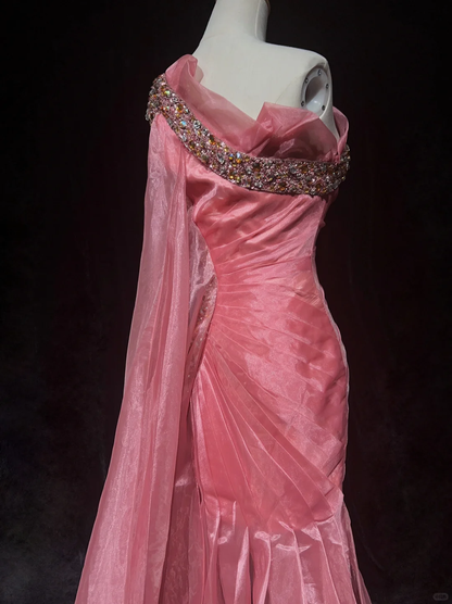 Pretty Peach Pink Satin Tulle Beaded Sheath Graduation Homecoming Dress,Formal 17th Birthday Outfits SP2896