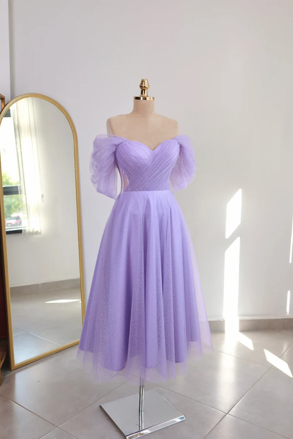 Lilac Glittered Tulle Midi-length Prom Dress, Engagement Dress, Promise Dress,Corset Dress Y4777