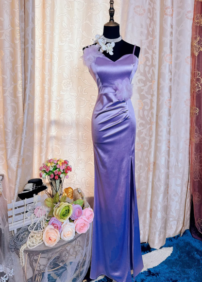 Classy Spaghetti Straps Purple Satin Appliques Mermaid Slit Party Dress Long Wedding Guest Dress SP1943